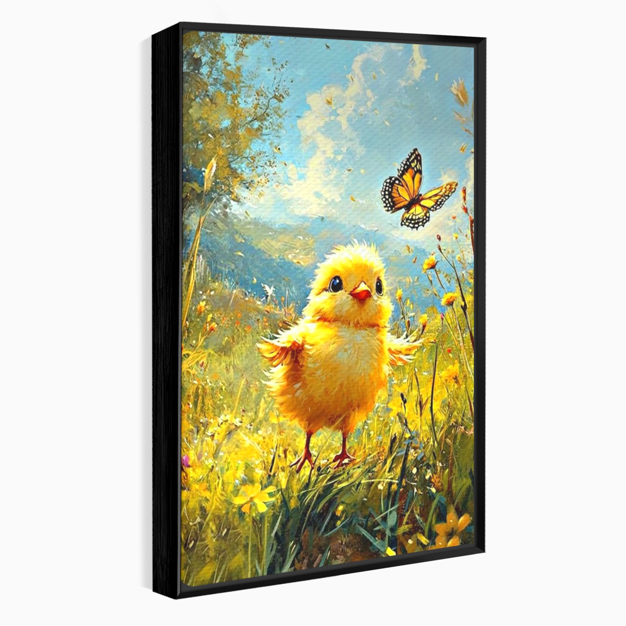 Tablou canvas cu tablou canvas cu pui de pasare si fluture, in rama de aluminiu negru